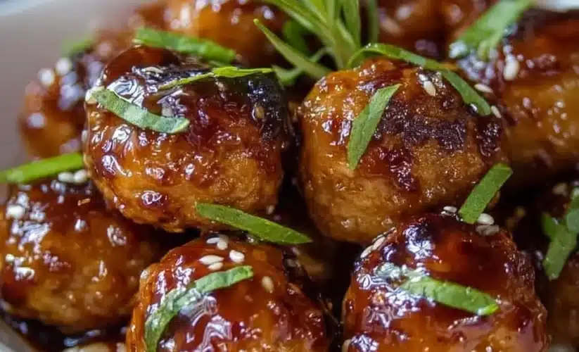 Plate of honey garlic turkey meatballs served with rice and vegetables