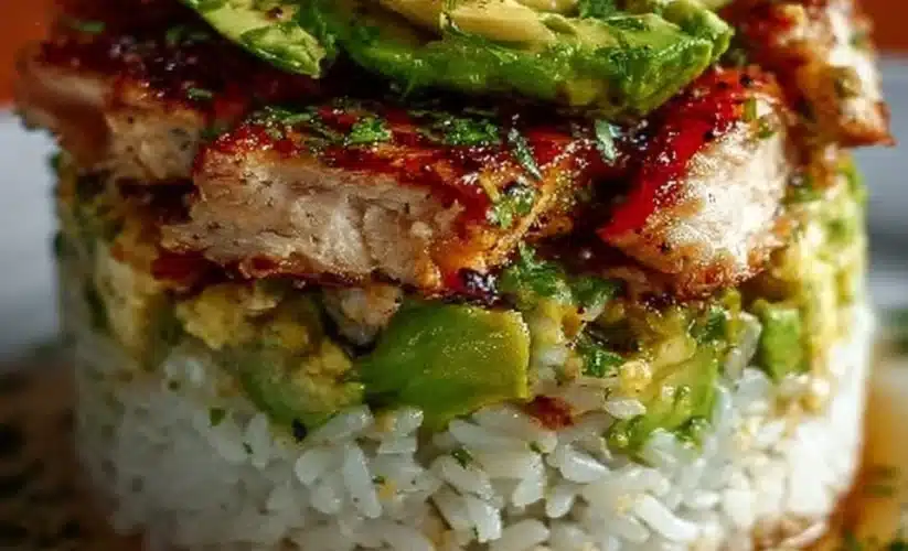 Plate of Honey Lime Chicken served with avocado rice stack