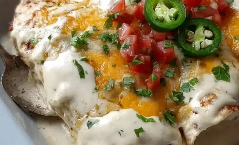 Delicious jalapeño popper enchiladas topped with cheese and spices