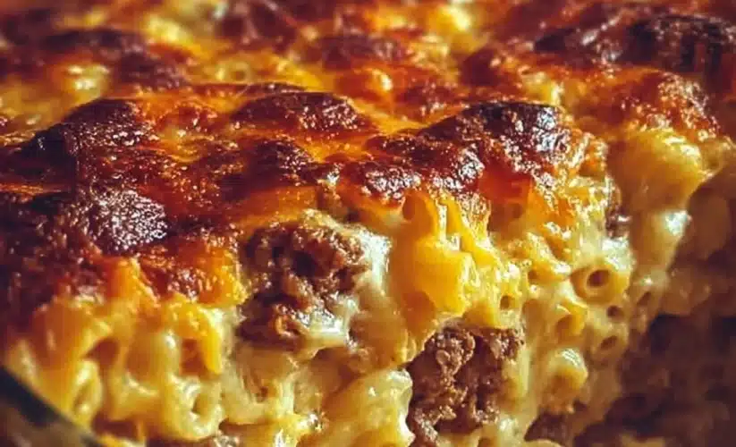 Delicious Mac and Cheese Meatloaf Casserole with melted cheese and crispy topping.