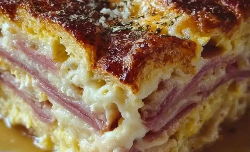 Monte Cristo breakfast casserole with ham, cheese, and French toast layers