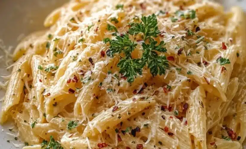 One Pot Creamy Garlic Pasta served in a bowl with garnishes