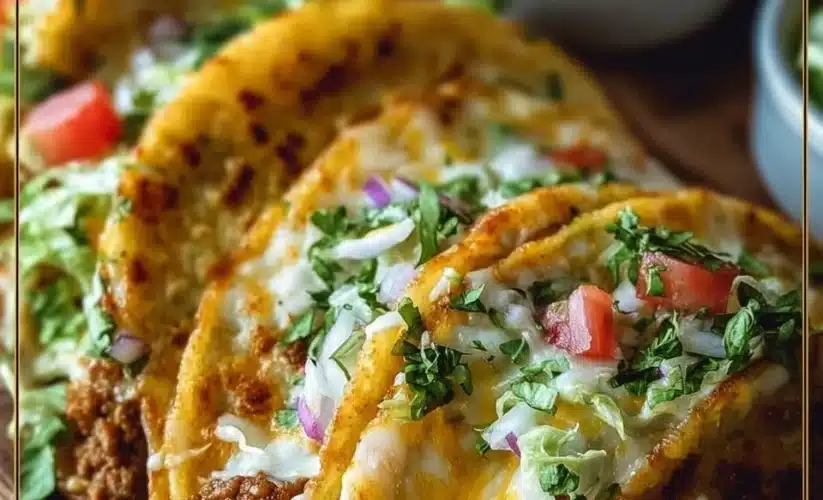Oven-baked cheesy tacos loaded with toppings and served on a plate