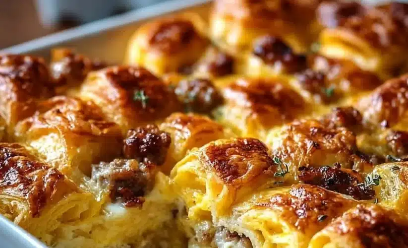 Delicious overnight croissant breakfast casserole ready to serve