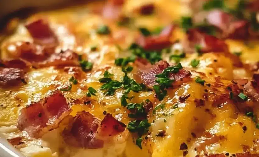 Overnight Eggs Benedict Casserole served on a plate with sauce and garnish