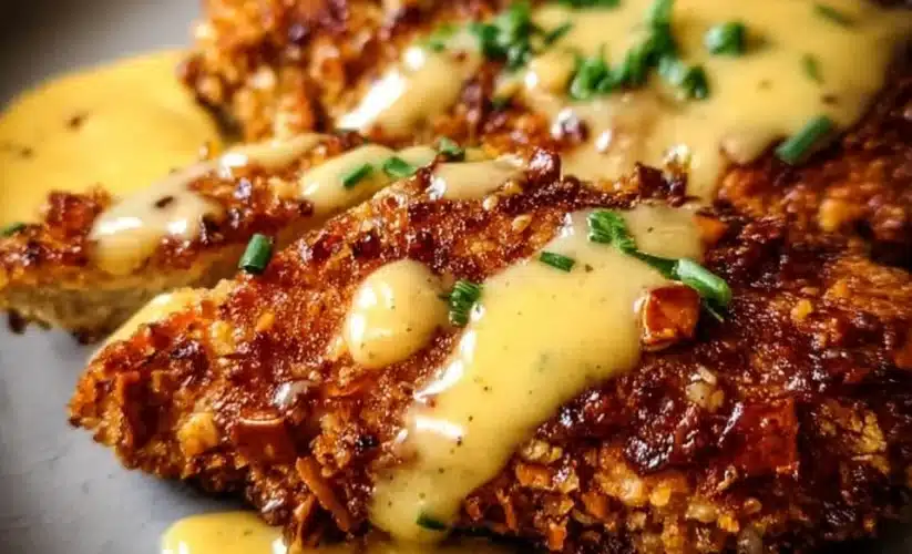Pretzel-crusted chicken served with mustard-cheddar sauce on a plate.