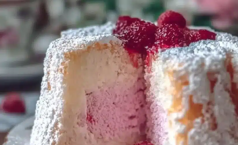 Fluffy Raspberry Angel Food Cake garnished with fresh raspberries