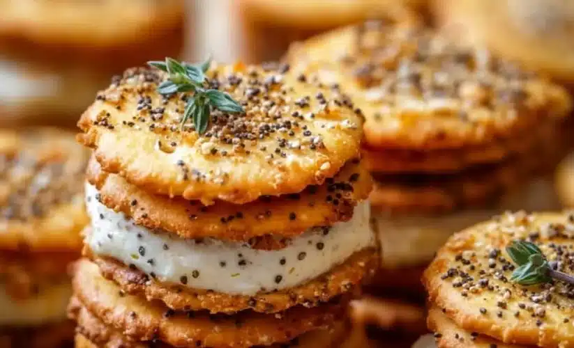 A platter of Ritz Cracker Party Sandwiches with various fillings.