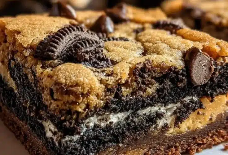 Decadent slutty brownies with layers of cookie dough, Oreos, and rich brownies.