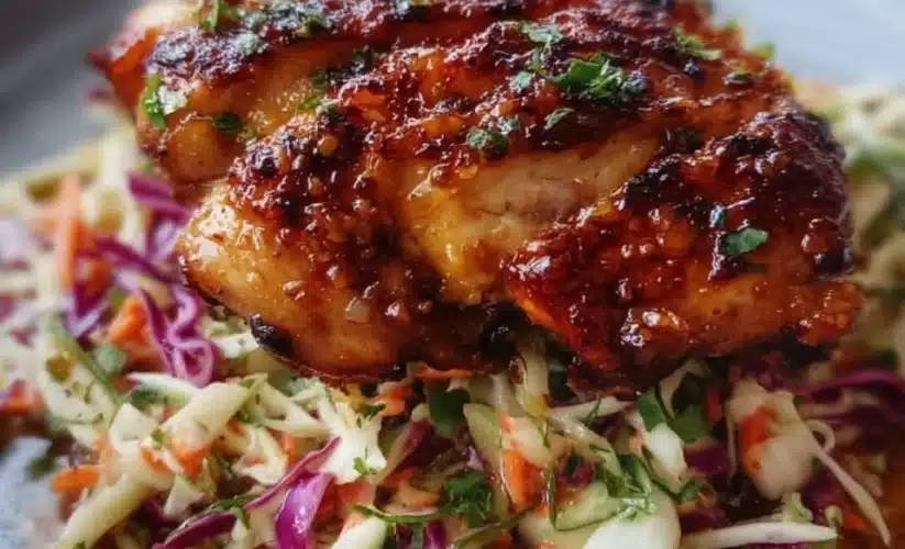 Sticky apple cider chicken served with autumn slaw on a rustic table