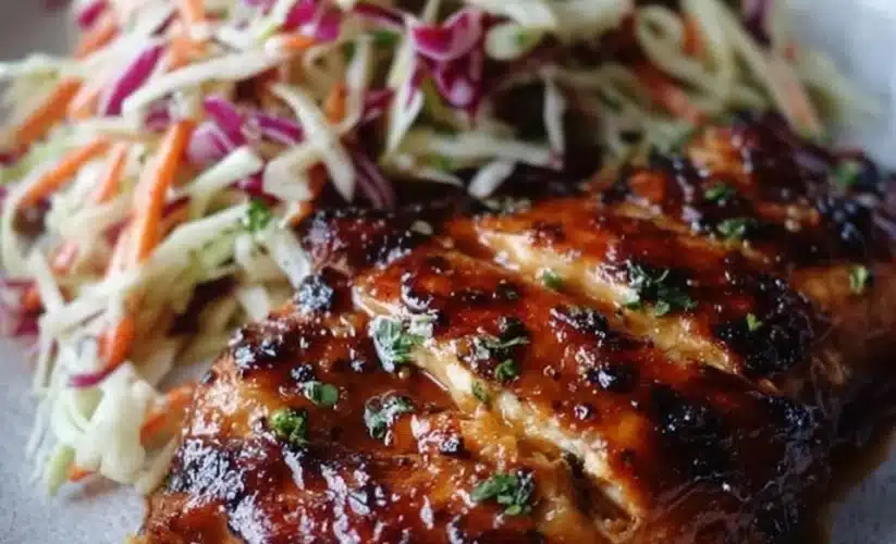 Sticky apple cider chicken dish served with autumn slaw