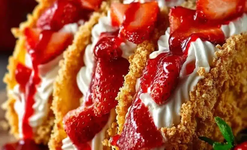 Delicious strawberry crunch cheesecake tacos on a plate