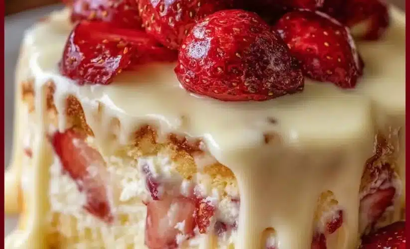 Delicious Strawberry Custard Delight Cake with fresh strawberries and creamy custard