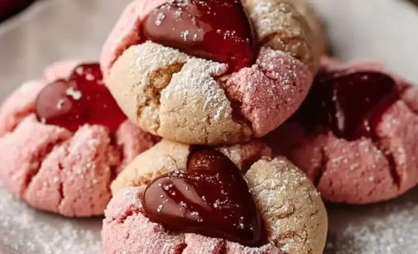 Delicious strawberry kiss cookies topped with a chocolate kiss, perfect and sweet treat.