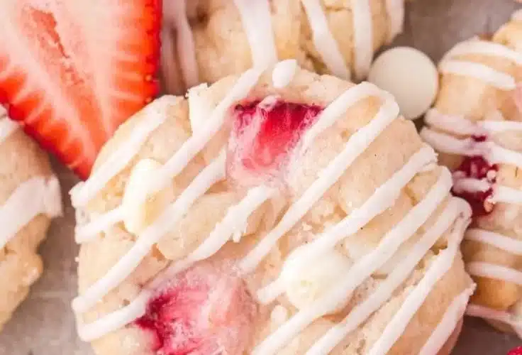 Delicious Strawberry Shortcake Cookies on a white plate with fresh strawberries.