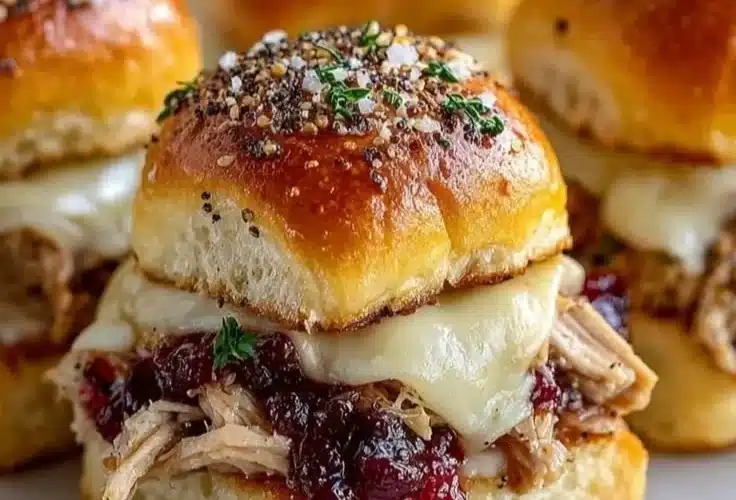 Thanksgiving leftover turkey cranberry sliders served on a platter