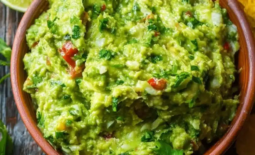 Bowl of authentic guacamole made from fresh avocados and ingredients