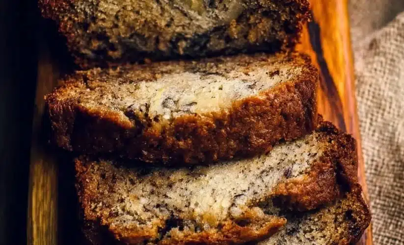 Freshly baked homemade banana bread on a wooden table