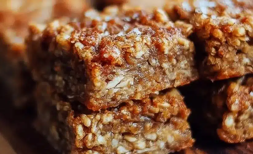 Homemade banana oatmeal bars topped with nuts and bananas for a healthy snack.