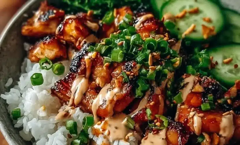 Delicious Bang Bang Chicken Bowl served with fresh vegetables and sauce