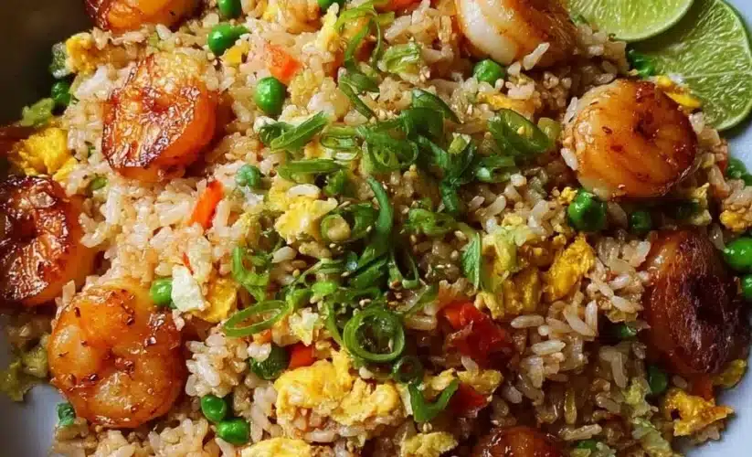Dish of Bang Bang Fried Rice garnished with fresh herbs and colorful vegetables.