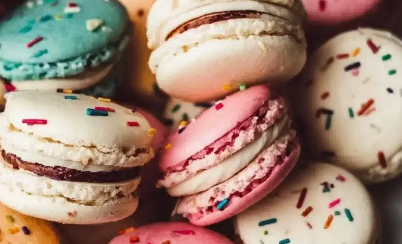 Assorted birthday cake macarons with colorful sprinkles and creamy filling