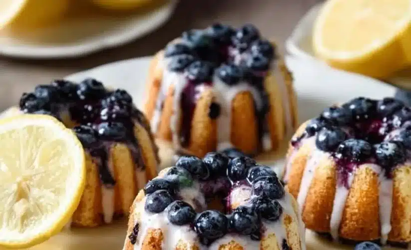 Blueberry and Lemon Mini Bundt Cakes on a white plate decorated with fresh blueberries.