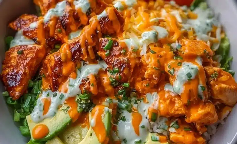 Delicious Buffalo Chicken Bowl topped with fresh ingredients and a drizzle of sauce.