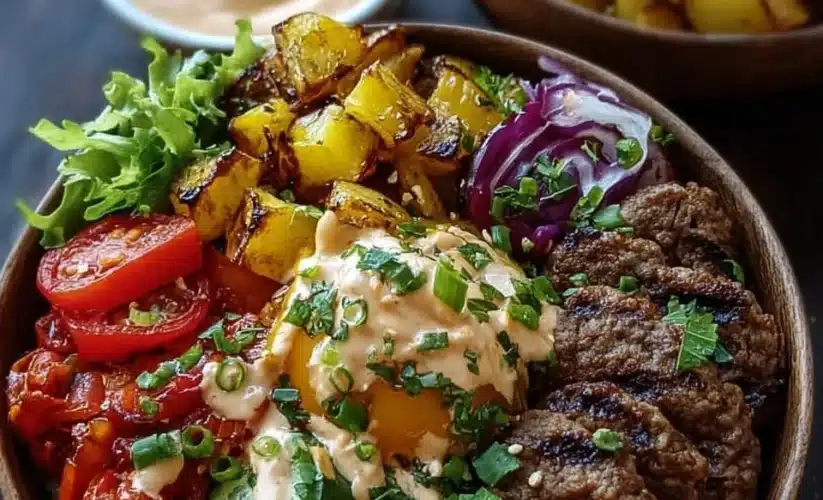 A colorful, fresh Burger Bowl with toppings including lettuce, tomatoes, and grilled beef patty.