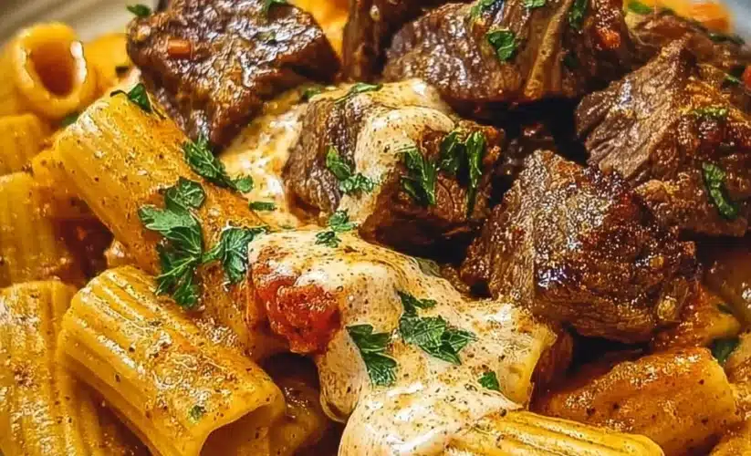 Cajun Steak Tips served with Cheesy Rigatoni in a delicious meal