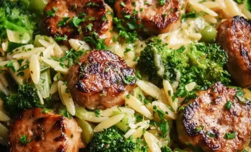 Plate of Chicken Sausage and Broccoli Orzo garnished with herbs