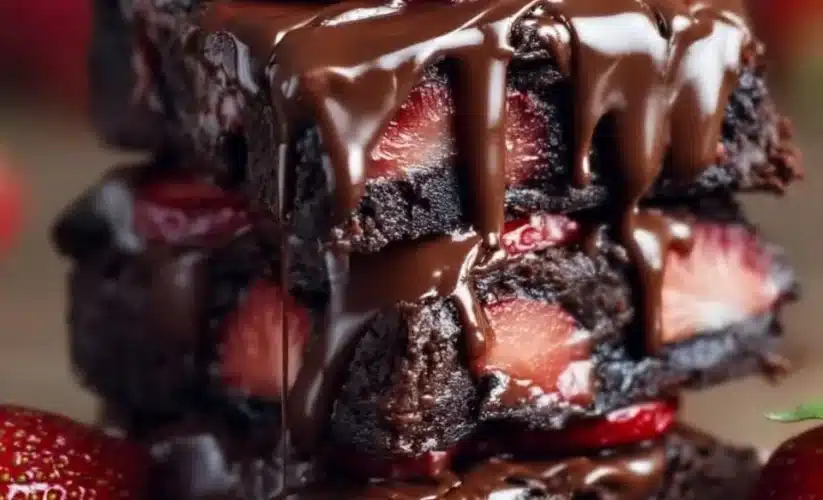 Delicious chocolate covered strawberry brownies decorated with fresh strawberries