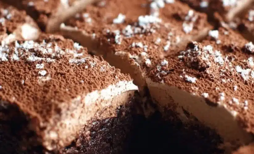 Delicious Chocolate French Silk Brownies topped with creamy chocolate silk layer.