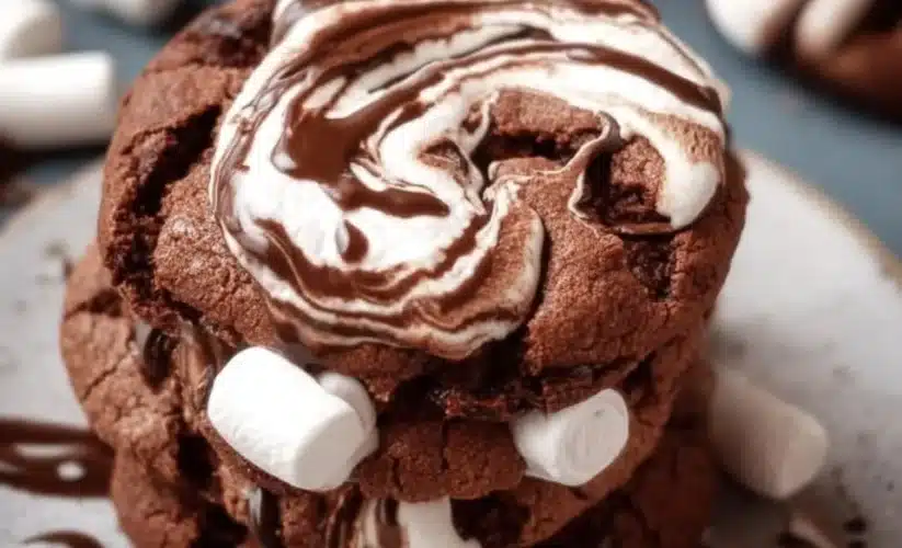 Delicious Chocolate Marshmallow Cookies with gooey marshmallow center.