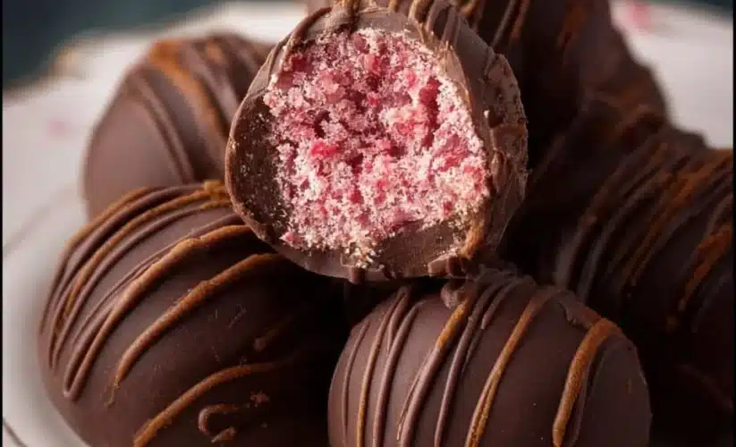 Delicious Chocolate Raspberry Truffles with a rich cocoa coating and raspberry centers