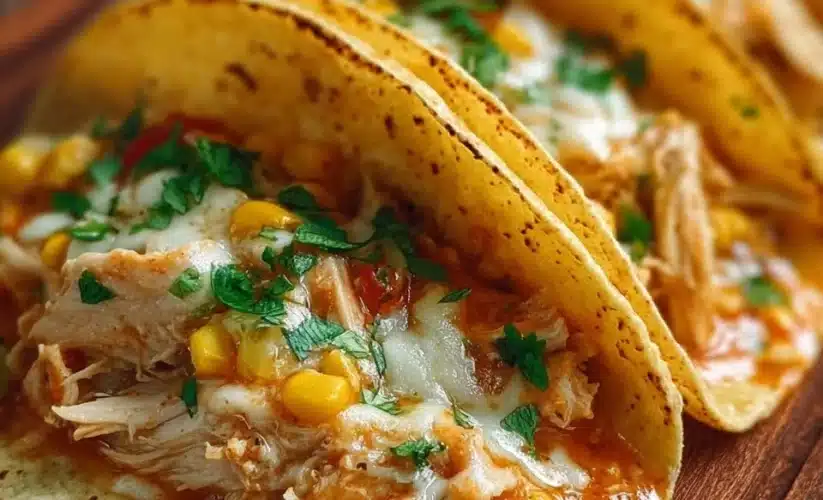 Delicious corn tortilla white chicken chili tacos topped with fresh ingredients