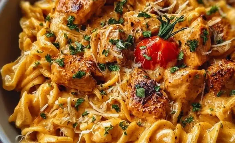 Delicious Cowboy Butter Chicken Pasta served in a bowl with herbs and spices