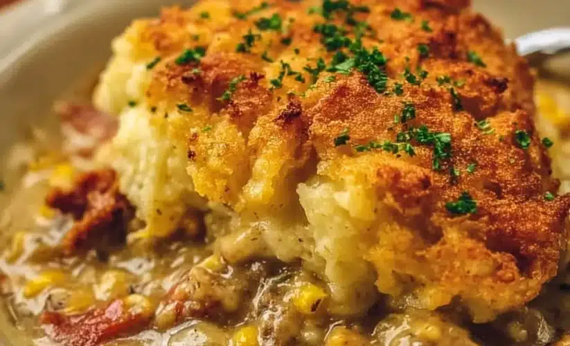 Delicious Cowboy Casserole served in a rustic dish, showcasing its hearty ingredients.