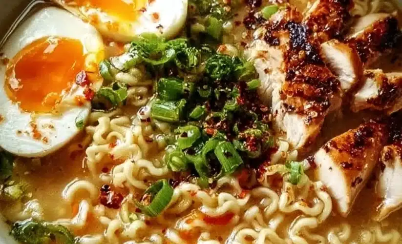 Bowl of creamy garlic chicken ramen with herbs and toppings.
