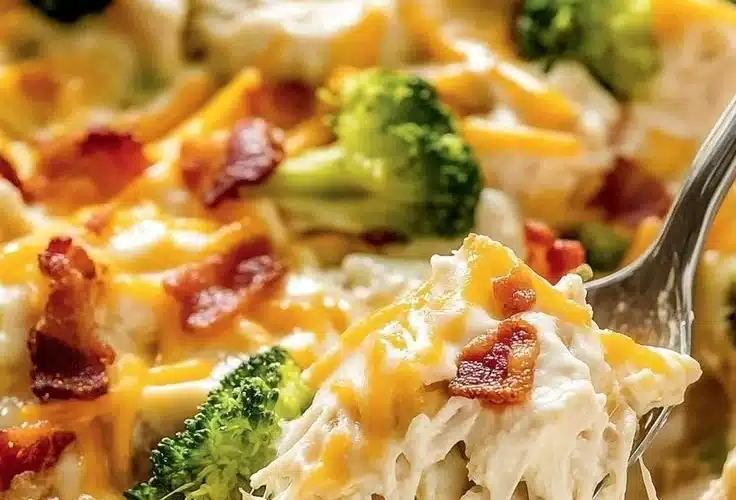 Creamy low carb chicken casserole in a baking dish topped with cheese and herbs.