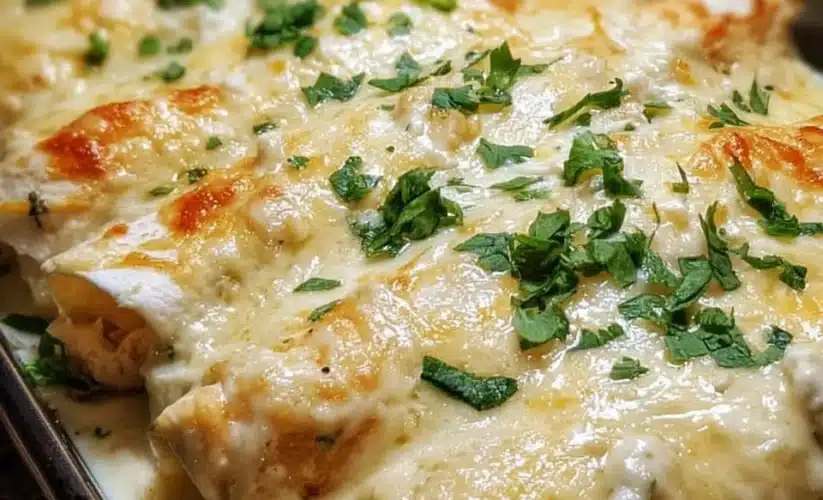 Creamy white chicken enchiladas topped with cheese and herbs