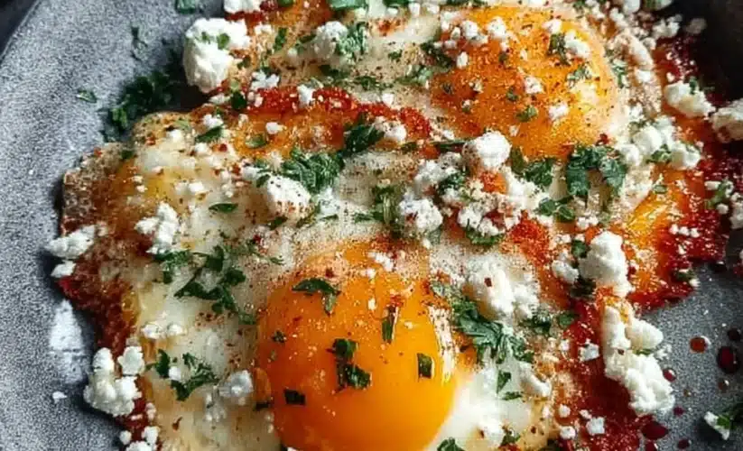 Crispy feta fried eggs served on a plate with herbs and spices.