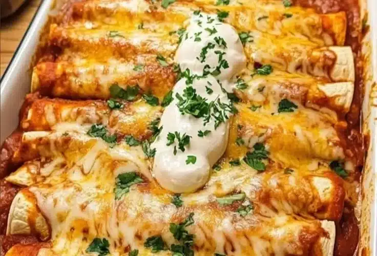 Plate of delicious chicken enchiladas garnished with cheese and sour cream