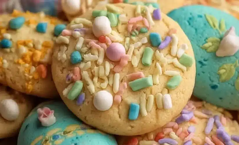 Colorful decorated Easter cookies in various shapes for spring festivities.