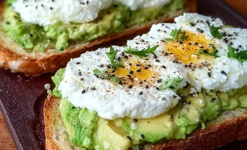 A plate of easy cottage cheese avocado toast topped with herbs and seeds.