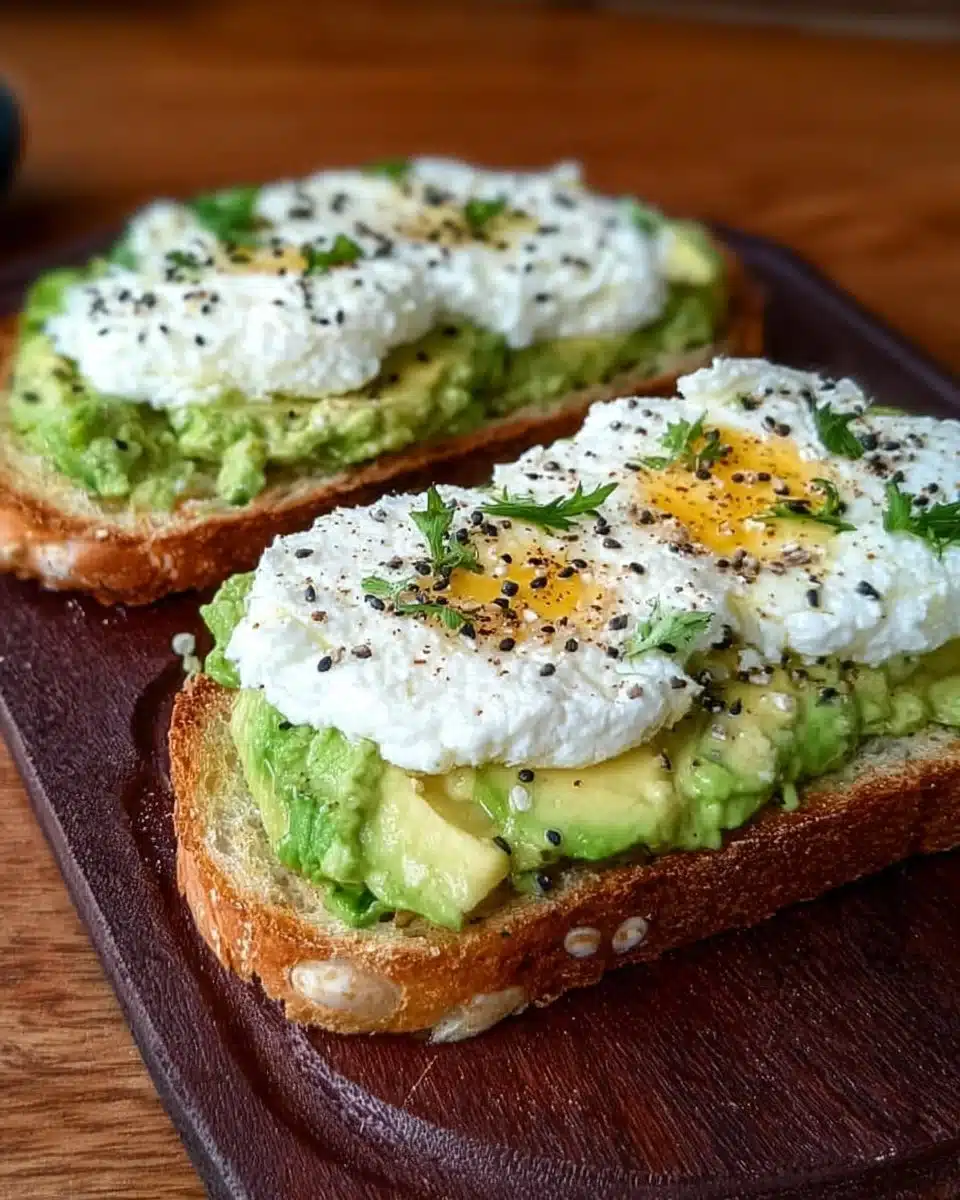 A plate of easy cottage cheese avocado toast topped with herbs and seeds.