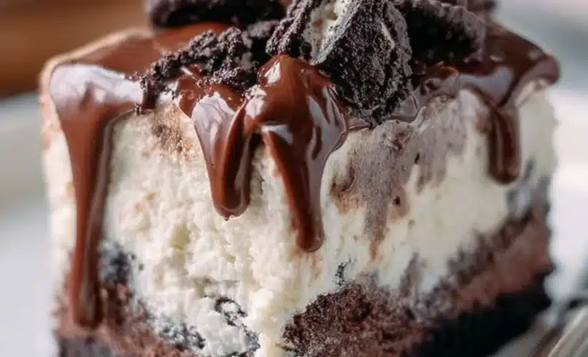 Delicious frozen brownie ice cream cake layered with rich chocolate brownies and ice cream