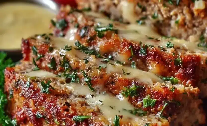 A delicious Garlic Parmesan Chicken Meatloaf on a plate, garnished with herbs.