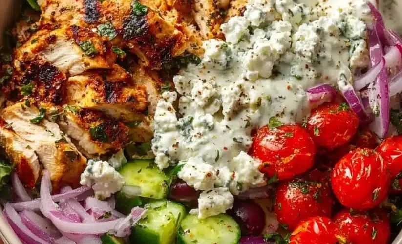 Delicious Greek Chicken Bowl with fresh vegetables and grains