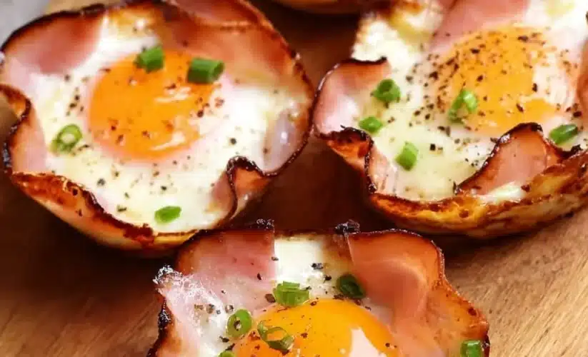 Baked ham and cheese egg cups served as a delicious breakfast option